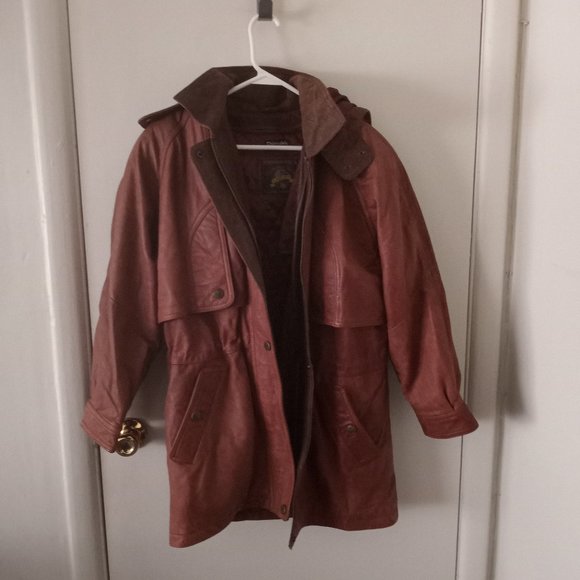 Vintage Jackets & Blazers - VTG Heavy Long Hooded Brown Leather Jacket